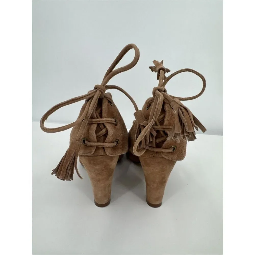Jeffrey Campbell Handmade Ibiza Mabel Tan Suede Leather Heels Cutout‎ Tassel
